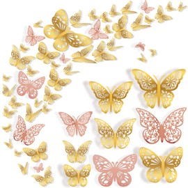 Nelotaor 72 Pcs Butterfly Wall Decor, 3 Styles 3 Sizes 3D Butterfly, Gold and Rose Gold Butterfly, Wedding Decorations, Birthday Party Decorations, Girls Bedroom Decoration(72 Pcs, Glod and Rose Gold)