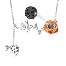 LONAGO Rose Flower I Love You 100 Languages Necklace Projection Rose Pendant Necklace Gift for Women (Rose Flower Heartbeat)