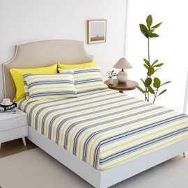 Twin Size Bed Sheets Set Deep Pockets - 6PC Striped Ultra Soft Microfiber Bed Sheets - Easy to Clean, 90 Thread Count Sheets with Fitted Sheet, Flat Sheet & Pillowcases (Grey/Yellow)