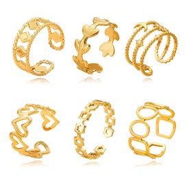 Dpvive 6 Pcs Gold Stainless Steel Rings Set 14K Gold Plated Rings for Women Adjustable Stackable Rings for Women Men