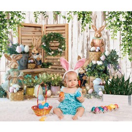 Felortte Felortte 7x5ft Polyester Spring Easter Backdrop Rustic White Wooden Wall Colorful Eggs Rabbit Photography Background for Birthday Baby Shower Party Decor Portrait Banner Photo Booth Studio Props
