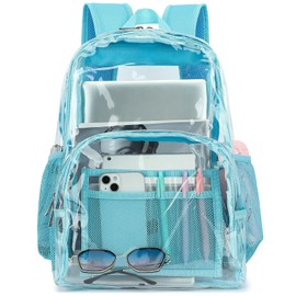 Xunteny Clear Backpack School Bag Bookbag, Heavy Duty PVC Plastic Transparent See Through Backpacks for Men Women Girls Boys (Sky Blue)