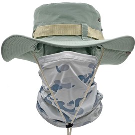 ehsbuy Sun Hat Men's UPF 50+ Safari Hat Summer Hat Wide Brim Camo Hiking Hat Army Boonie Hat with Cooling Multifunctional Scarf Tube Scarf Outdoor Fishing Hat, Solid LightGreen