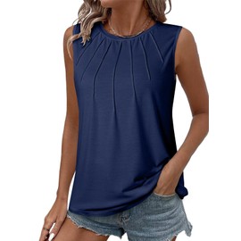 BLENCOT Womens Summer Tank Tops Pleated Round Neck Sleeveless Tops for Women Casual Flowy Tee Sail Blue Medium