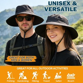 Wide Brim Sun Bucket Hat, Waterproof Boonie Hat for Men & Women | UPF 50+ UV Protection, Adjustable Fit, Chin Strap & Sweatband, Foldable Durable for