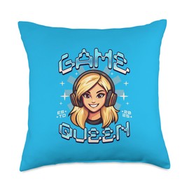 Cartoonish Blonde Game Queen wearing a gaming headset Throw Pillow