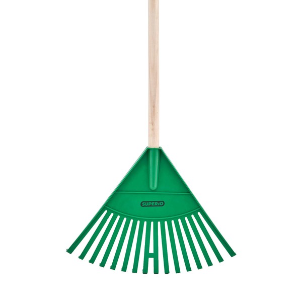 Superio Kids Rake with Hardwood Handle, Gardening and Lawn Care Tools for Kids, Sweep Leaves and Tidying Up The Garden, Plastic Tines and Heavy Duty Wooden Handle 34" (Kid Size, Green, 1-Pack)