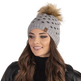VIVISENCE Women's Hat Headpiece Bobble Winter Warm Thick Patterned 7033, Made in EU, lightgrey