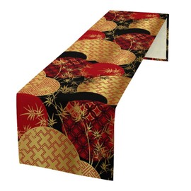Japanese Table Runner, Asian Chinese Luxury Red Black Gold Bamboo Leaves Print Tabletop Cloth for Dining Table Holiday Party Decorations Oriental Decor, 13x70inch