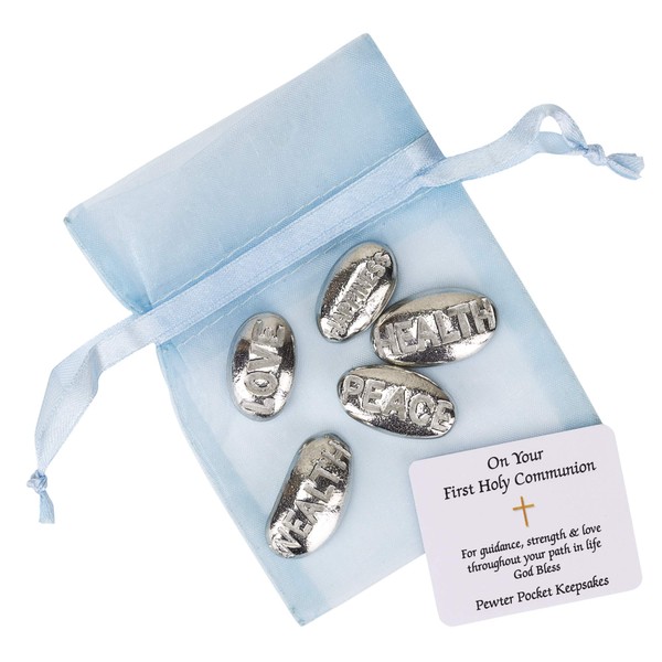 Holy Communion Gift Idea - 5 Pewter Message Pebbles in a Drawstring BLUE Organza Pouch. The pewter pebble wordings are: Love, Health, Wealth, Happiness and Peace