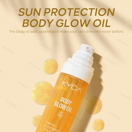 KYDA Body Glow Oil, SPF 45 Broad Spectrum, Sunscreen Body Oil with Gold Mica, Moisturizing Coconuts Summer Sunscreen, Water Resistant Glow Skin Moisturizer, 3.38 fl oz, GOLD