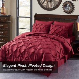 HAOK King Comforter Set - 8 Pieces Pinch Pleat Bedding Comforter Sets, Luxury Solid Color Pintuck Microfiber 500GSM Down Alternative Queen Comforter Set Bed in Bag (King,Burgundy)