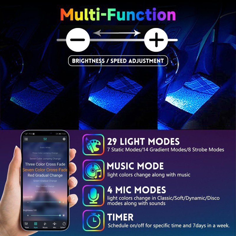 GZ5CG Car Interior Ambient Lights Multicolor Under Dash Footwell Atmosphere