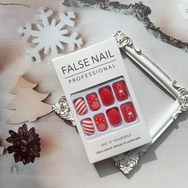 Red Fake Nails Christmas Press on Nails Short Square False Nails Elk Snowflake Glitter with Red White Stripes Designs Full Cover Artificial Nails Xmas Glue on Nails for Women Christmas Nail Decor