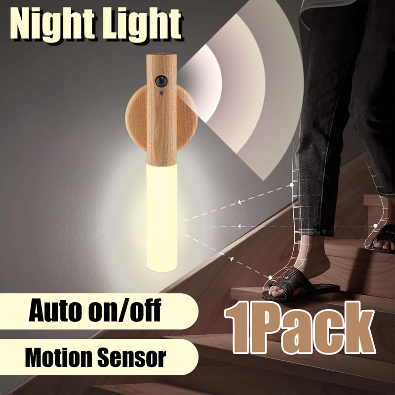 LANDGOO Wooden Nursery Night Light, LED Portable Bedside Motion Sensor