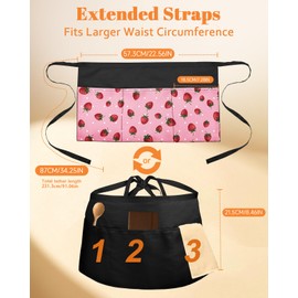 Slohif Reversible Server Apron with 6 Pockets - Waist Apron for Waitress Women Half Apron for Waiter Men Cute Water Resistant Serving Short Apron Barista Bartender Kitchen Accessories Strawberry