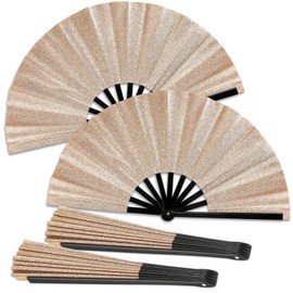 Qyeahkj 2 Pcs Glitter Champagne Gold Hand Fan Large Folding Hand Fan Rave Clack Handheld Fans Chinese Tai Chi Kung Fu Fans for EDM Club Party Dance Performance Role Playing Supplies for Men Women
