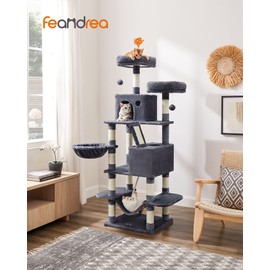 Feandrea Cat Tree, 66.1-Inch Large Cat Tower with 13 Scratching Posts, 2 Perches, 2 Caves, Basket, Hammock, Pompoms, Multi-Level Plush Cat Condo for Indoor Cats, Smoky Gray UPCT165G01