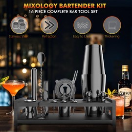 Shaker Set Bartender Kit，16-Piece Bar Tool Set with Bamboo Stand Set with All Essential Accessory Tools，for Drink Mixing, Bar, Home, Lounge & Party(28 oz Boston Shaker, Plated Black)
