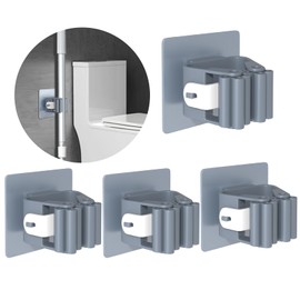 3-H Mop Hanger 4 Pack,Broom Holder Wall Mount Self Adhesive，Broom Hanger Wall Mount for Hanging and Storaging Organizing Laundry Room Bathroom Closet Kitchen (Grey)