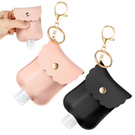 PEOVLVN 2Pcs Hand Sanitizer Holder Keychain, 60ml Portable Leather Sanitizer Travel Size Keychain Hand Sanitizer Case Refillable Container for Toiletry Lotion Liquid Soap Shampoo (Black, Pink)