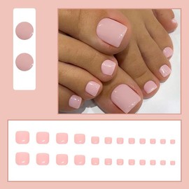 24 Pcs Solid Pink Press on Toenails Short Square - Summer Fake Toe Nails Press ons Gel X Nail Art Tips Design Full Cover Acrylic Toe Nails with Nail File Cute Stick Jelly Glue on Nails Kit for Women
