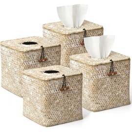 VZZNN Juego de 4 Caja de Pañuelos Cuadrada, Funda Cuadrada para Caja de Pañuelos, Soporte de Caja de Pañuelos Tejidos con Tapa, para Sala de Estar, Baño, Mesa, Computadora