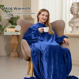 Winthome Blanket with Sleeves, Cuddly Blanket, Soft, Warm, Fluffy, Portable Blanket with Velcro Fastener and Elastic Band, Wearable Blanket for Gifts, Blanket Saves Heating Costs (Dark Blue, 140 x 170