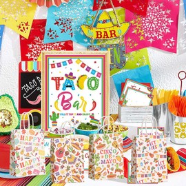 24 Packs Fiesta Party Favor Bags with Handles, Cinco De Mayo Candy Bags Mexican Themed Paper Gifts Bags for Birthday Baby Shower Bridal Mexico Party Favor Supplies