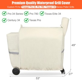 QuliMetal Pellet Grill Cover for Traeger Pro 34/780, Texas Elite 34, Eastwood 34 Series Pellet Grills, Z Grills 700/550/600, 600D Fade Resistant Full Length Grill Cover with Elastic Drawstrings, Beige