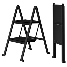 Ainai 2 Step Ladder,Aluminum Ultra Thin Folding 2 Step Stool,400 Lbs Capacity Heavy Duty with Anti-Slip Sturdy and Wide Tread,Closet Slim Step for Home,Kitchen and Office,Space Saving (Black, 2-Step)