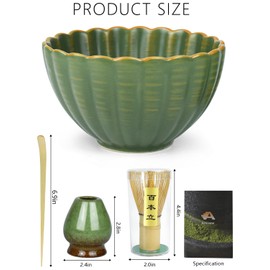 Artcome Matcha Tea Set - 17oz Petal-Shaped Matcha Bowl, Bamboo Whisk, Scoop, Whisk Holder & Brewing Guide, Japanese Tea Ceremony Tools for a Perfect Matcha Experience, Matte Green