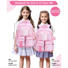 Tanou School Bags for Girls, Kawaii Backpack for School Girl age 8 to 12, Breathable Water-resistent Nylon Children's Backpacks with Pendant, Pink