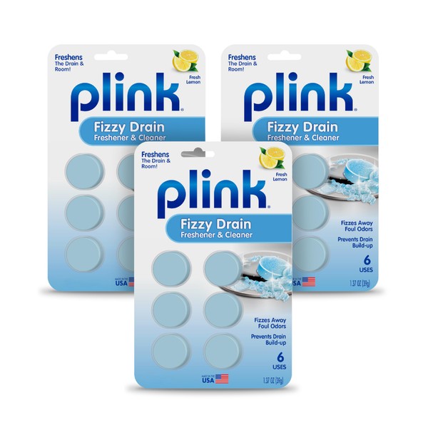 Plink Fizzy Drain Freshener and Cleaner, Prevents Clog Buildup and Removes Sink Odors in Bathrooms, Kitchens, and Homes, Septic-Friendly, Lemon Scent, 3 Packs of 6, 18 Tablets Total