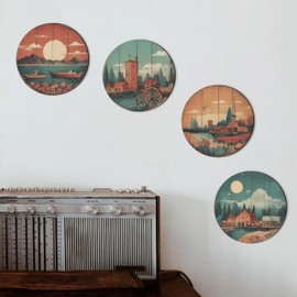 4-Piece Big Size Unique Wall Art Set, Vintage Wall Art, Wooden Handmade Textured Wall Painting, Wall Decor, for Living Room, Dining Room, Lobby Bedroom Hotel Office Kitchen, Ready to Hang