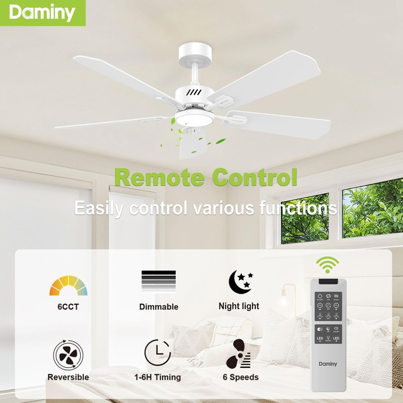 DAMINY 52 inch Ceiling Fan with Light,6CCT,5 Blade,Low Profile Ceiling