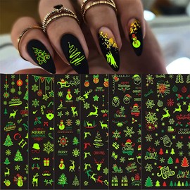 9 Sheets Christmas Luminous Nail Art Stickers 3D Winter Xmas Nail Art Supplies Santa Claus Snowflake Elk Snowmen Nail Decals for Acrylic Nail New Year Party Decoration Supplies