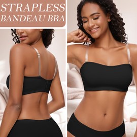 WOWENY Strapless Bras for Women Bandeau Bra Non-Slip Silicone Wireless Bra Seamless Padded Comfy Tube Top Bralette(2125-Black, Small)