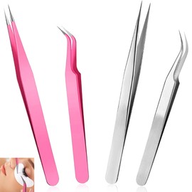 GAVIK Lash Tweezers Eyelash Extension 4 Set - Precision Stainless Steel Craft Tools for Volume Lashes, False Lash Application - Straight and Curved Tip - Fine Workmanship, Non-Slip Handle