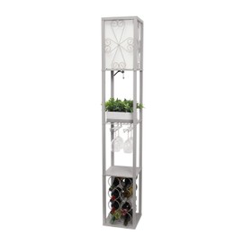 Simple Designs LF1015-GRY Three Shelf Etagere Organizer Storage and Wine Rack Floor Lamp with White Linen Shade, Gray