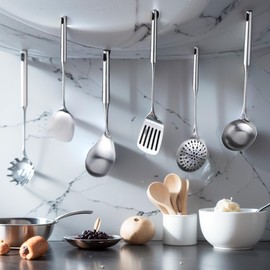 Houhil, 1 Set Stainless Steel Cooking Tool Set: saute pan spatula ladle set, skimmer slotted spoon, pasta spoon, serving spoon, slotted spatula seasoner, dishwasher safe.