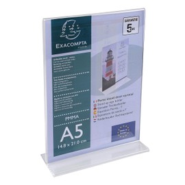 Exacompta 85158D Brochure Holder DIN A5 Portrait Format Shockproof Acrylic T-Base Ideal for Presentation Flyer Holder Stand Transparent