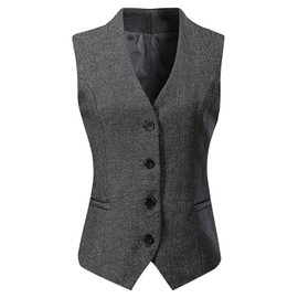 Gowjog Women's Vest Suit Vest Lined Button Up V-Neck Tuxedo Vintage Jacket Dressy Sleeveless Vests, Dark melange grey