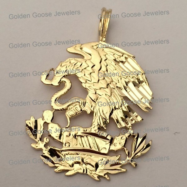 SMALL 14K Yellow Gold Diamond Cut Mexico Mexican Shield Eagle Charm Pendant