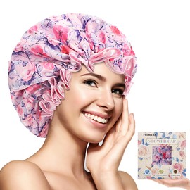 Luxury Shower Cap for Women Reusable Waterproof, Double Layered Shower Caps Bonnet with Adjustable Elastic Strap, Large Satin Lined Shower Bath Cap for All Hair Lengths-Ladies Gift Pink-Flower
