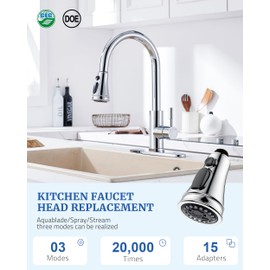 Kitchen Faucet Spray Head Replacement - Pull Down Faucet Sprayer Head with 15 Adapters, 3-Function Kitchen Sink Faucet Head, Replacement Pull Out Faucet Head Nozzle, Chrome