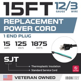 Iron Forge Cable 12 AWG Replacement Power Cord with Open End - 15 Ft Black Extension Cable, 12/3 SJT, NEMA 5-15P