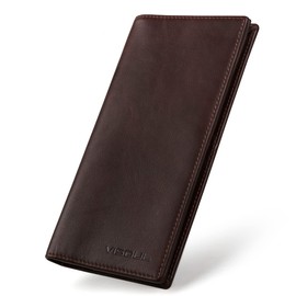 VISOUL Mens Leather Long Checkbook Bifold Wallets with RFID Blocking, Breast Pocket Tall Billfold Secretary Wallet for Men with Card Slots (Coffee)
