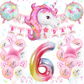 6 Years Unicorn Birthday Decoration Girl, 6th Pink Birthday Decoration with Birthday Banner, 3D Unicorn Balloons, Large Foil 6 Number, Children's Birthday Decoration 6 Years, Pink White Balloons Party