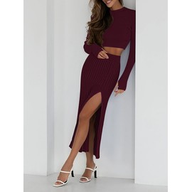 Pink Queen Women's Sweater Skirt Set 2 Piece Outfits Knit Crop Top Slim Fall Winter Cocktail Midi Long Dresses Burgundy Red L